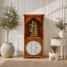 Switch handcrafted wooden Hindu worship cabinet, elegant arch design pooja mandir, modern handmade home temple cabinet, modern handcrafted wooden mandir UAE, 
 1 image
