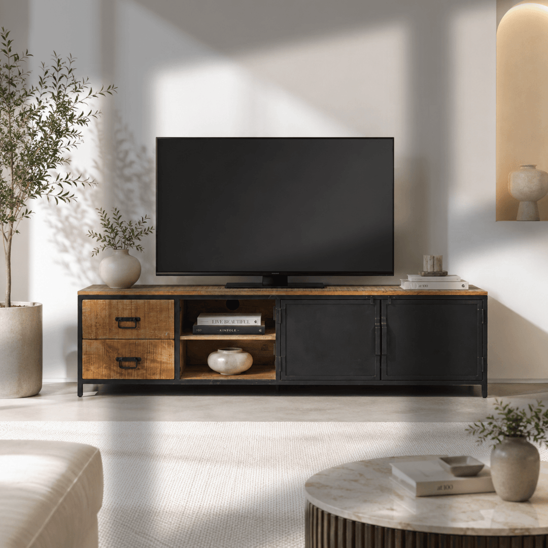 Solid Wood TV Bench with Storage Drawers & Shelves