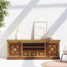 Switch natural wood finish, indian artisan tv console furniture, jodhpur handmade tv console furniture, heritage design entertainment tv furniture, royal brass fitted tv stand furniture, luxury home media console furniture, 1 image
