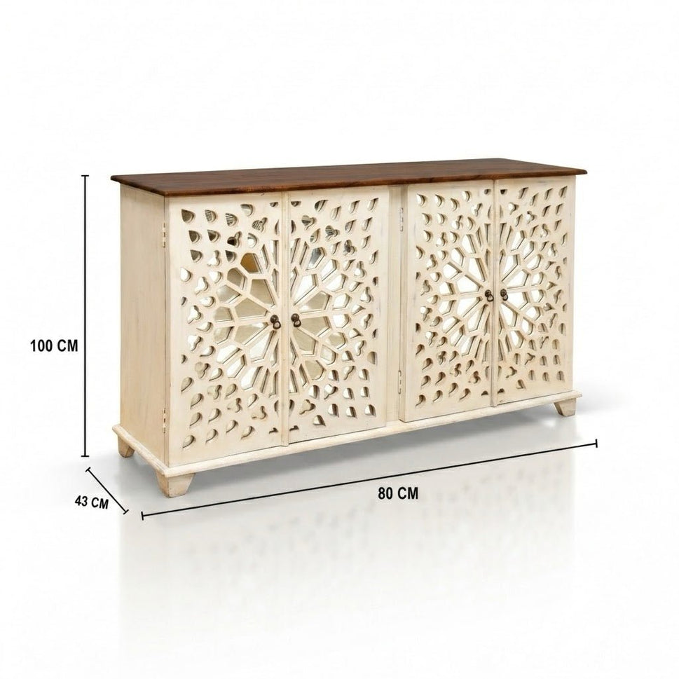 Zahara Hand-Carved Mango Wood Mirror Side cabinet with storage 2 doors