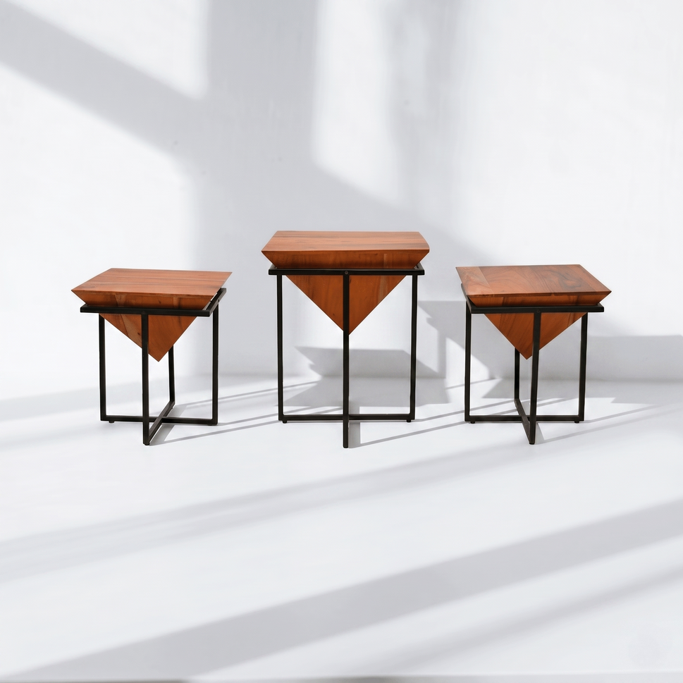 Metal Wood Pyramid Shape End Table set of 3 pcs with Honey Teak Finish | Dubai UAE