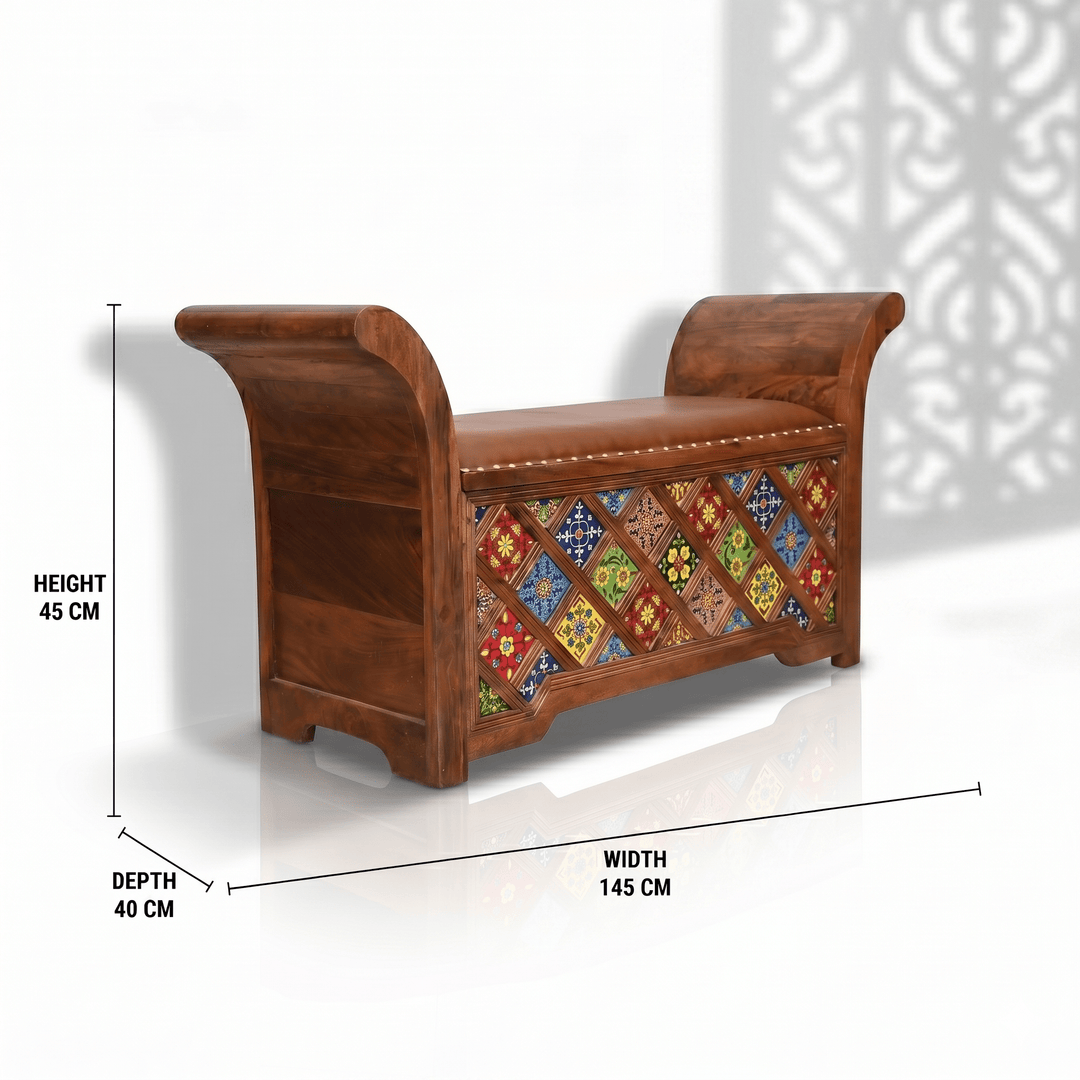 Handmade Solid Sheesham Wood Storage Settee with Tile Work