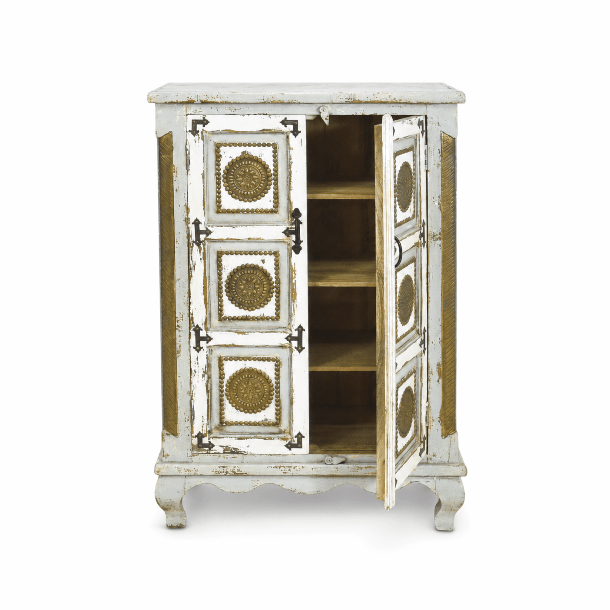 Antique White Rustic Mango Wood Cabinet with brass art work