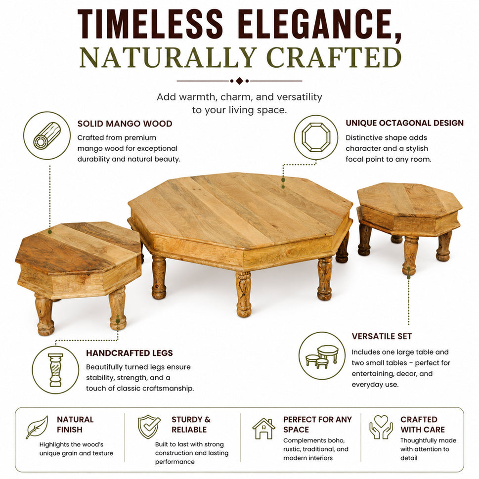 Royal Heritage Solid Mango Wood Hexagon Nesting Coffee Table Set of 3