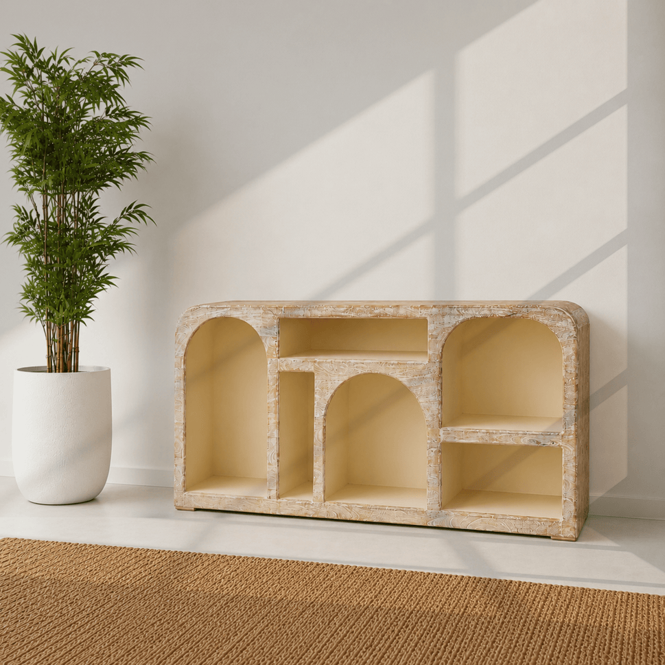 Luxury mango wood arch console table with open display shelves