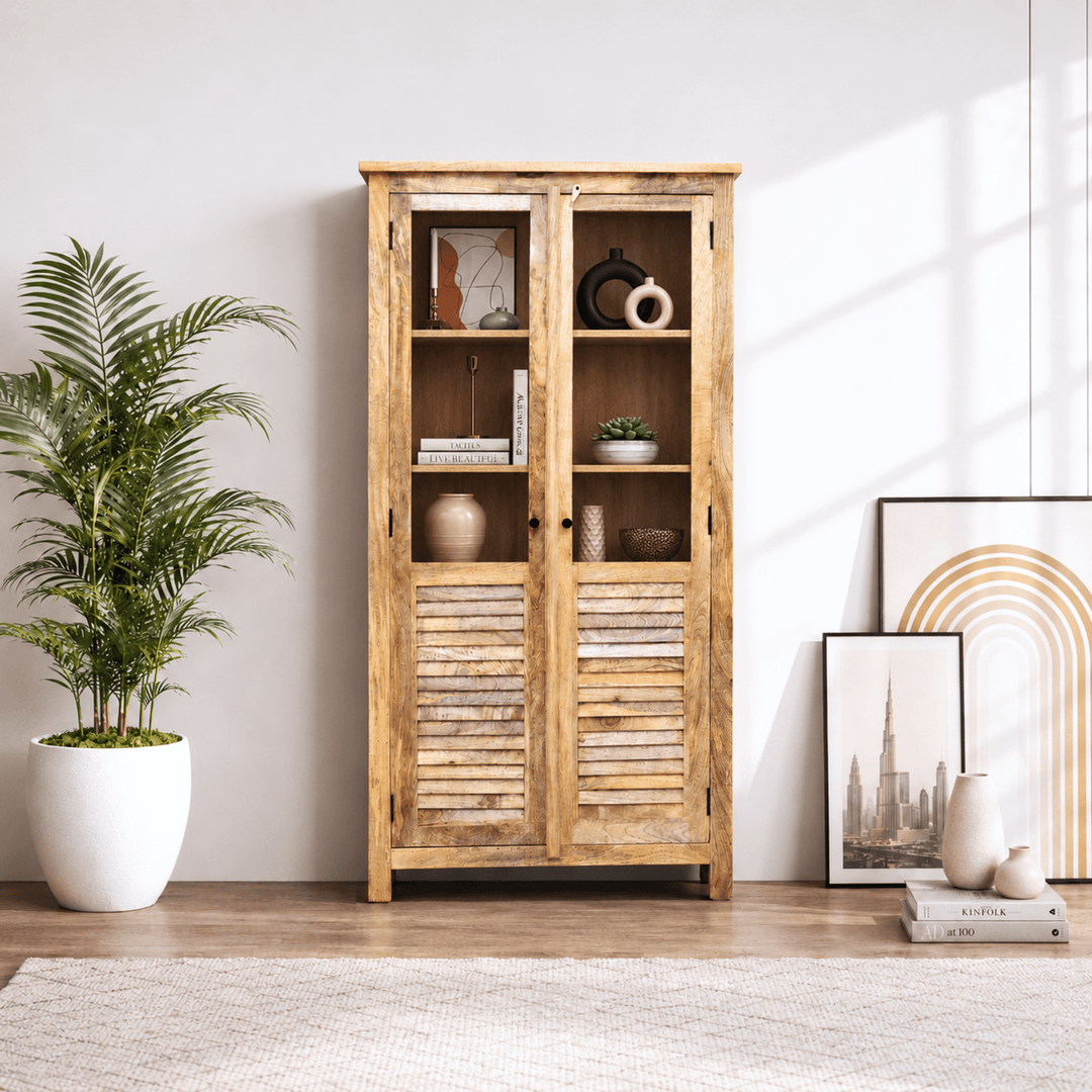 Modern Rustic Solid Mango Wood Glass Display Cabinet