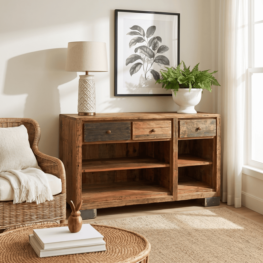 The Verona Reclaimed Wood Vintage Industrial console with open storage unit