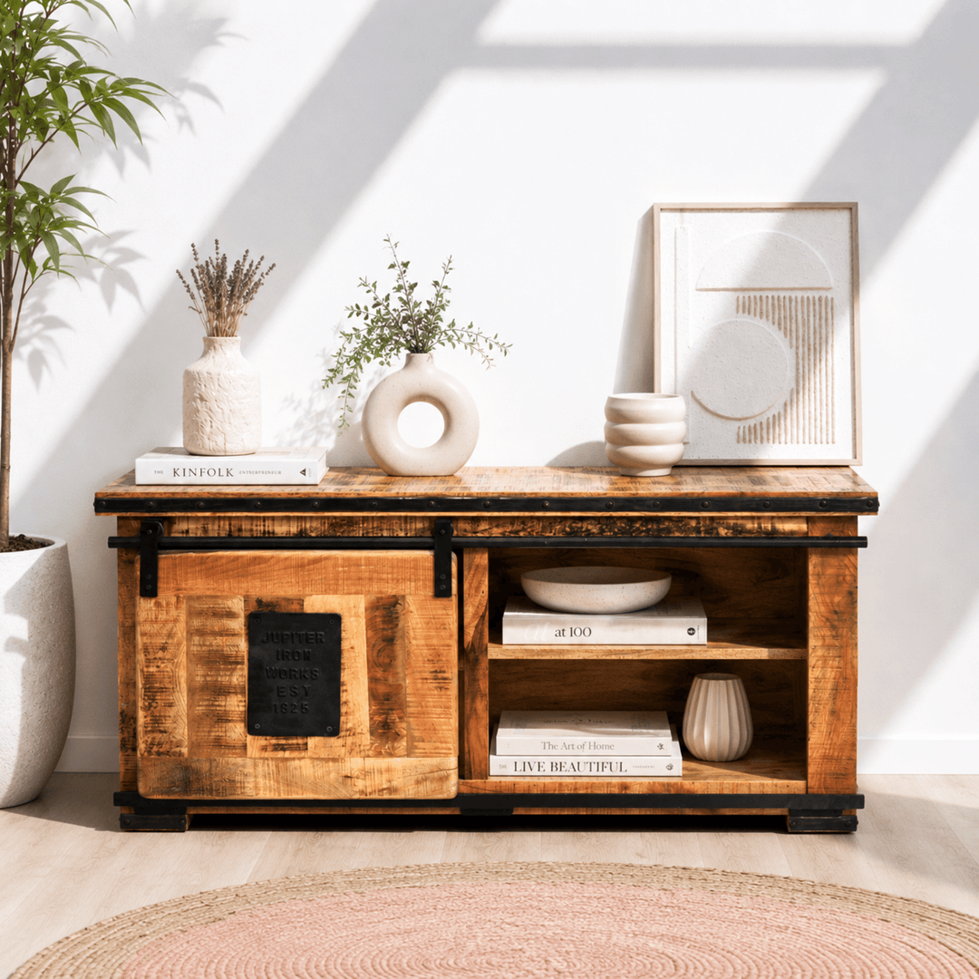 Industrial Mango Wood TV Cabinet with Sliding Door