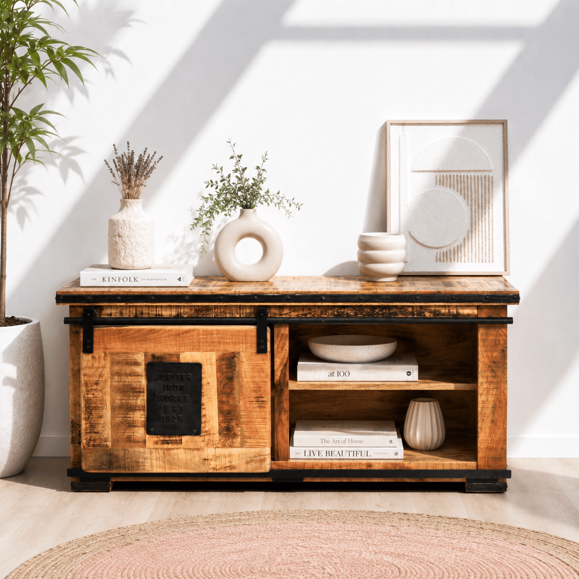 Industrial Mango Wood TV Cabinet with Sliding Door