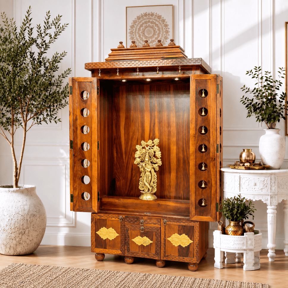 Handicrafted Shisham Wood Home Temple With Three Storage Drawers
