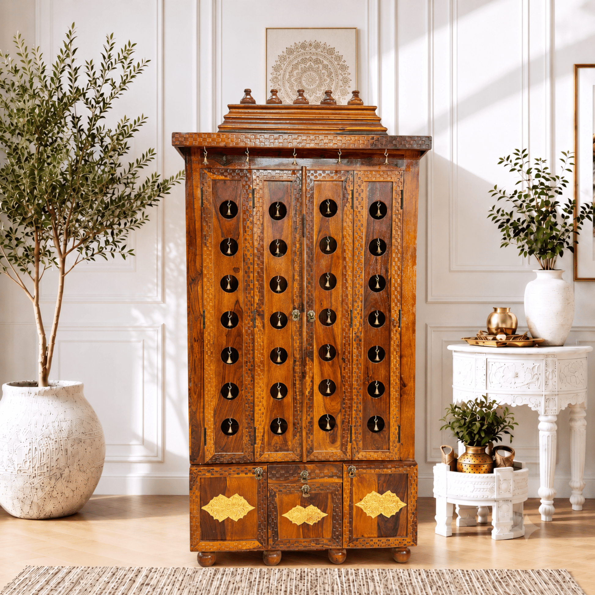 Handicrafted Shisham Wood Home Temple With Three Storage Drawers