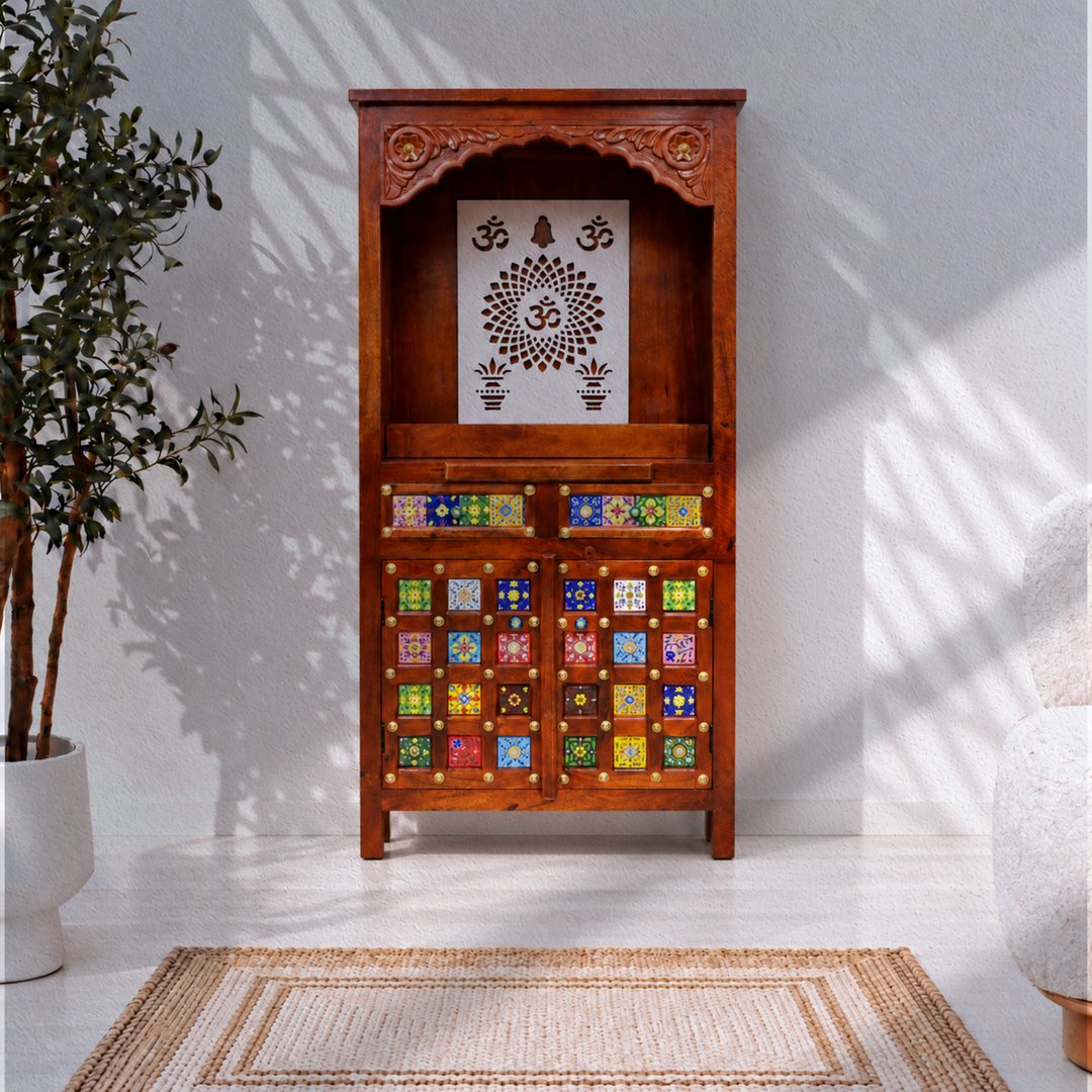 Mango Wood Pooja Mandapam with Om Design and Drawer