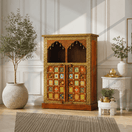 Switch luxury pooja storage cabinet Sharjah, Hindu prayer cabinet with storage UAE, mosaic tile temple cabinet Dubai, wooden pooja mandir with tiles UAE, tile work temple cabinet Sharjah, pooja shelf cabinet with storage solid wood UAE,  3 image