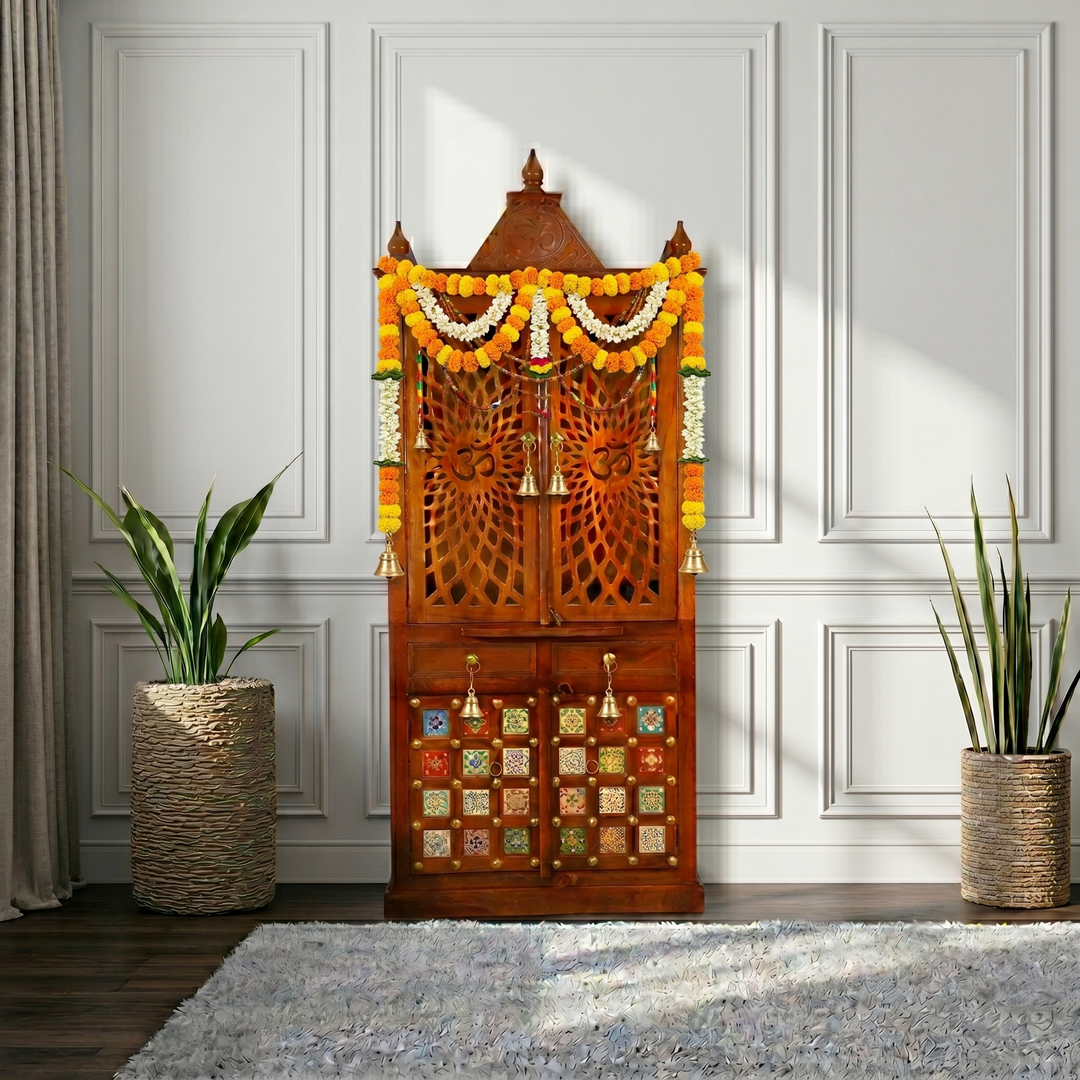 Royal wooden pooja shelf cabinet with om design & drawers