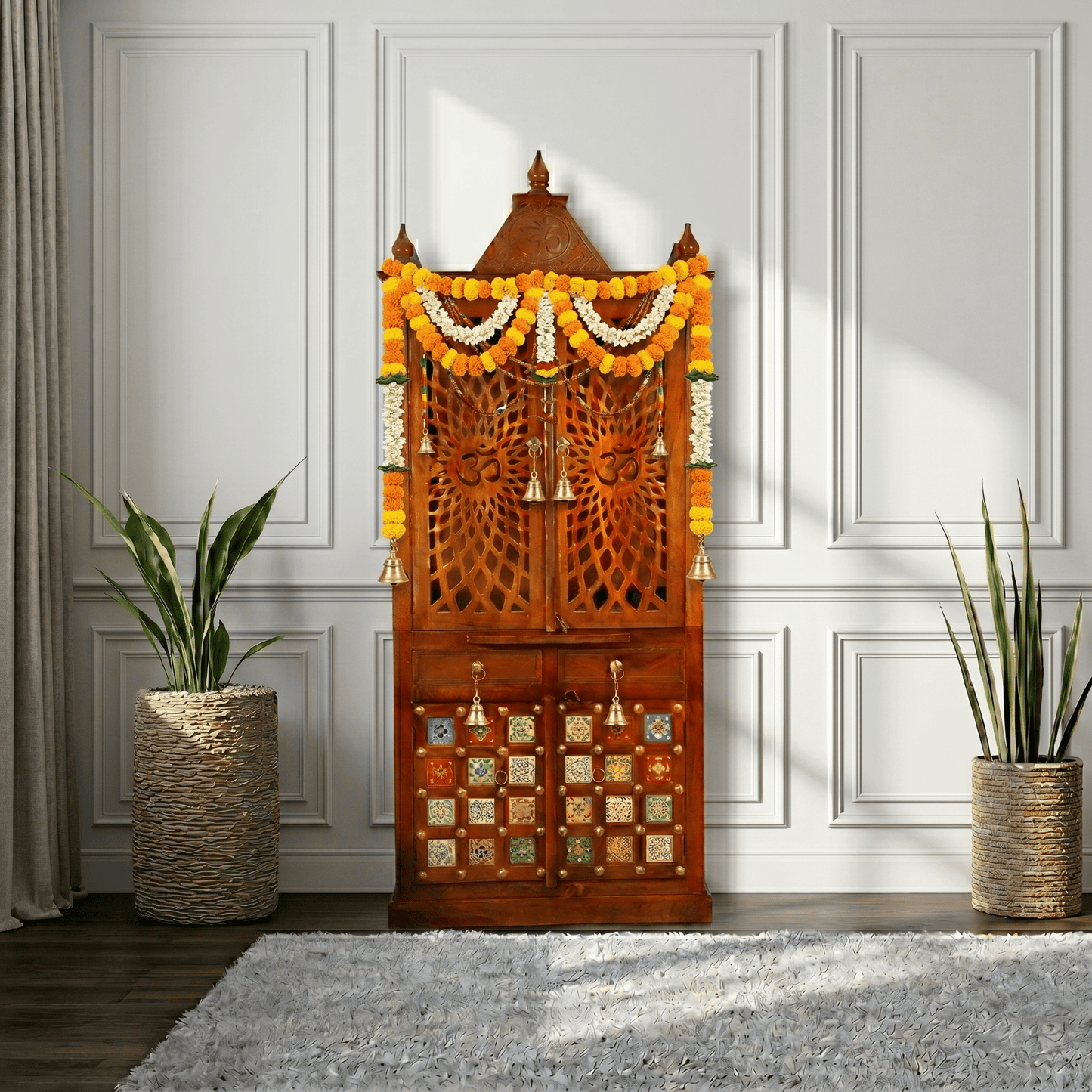luxurious look wooden mandir UAE, solid wood OM design cabinet Dubai, premium hardwood prayer shelf UAE, handcrafted mango wood temple Oman, natural wood spiritual cabinet Abu Dhabi, heavy duty solid wood pooja cabinet, 
