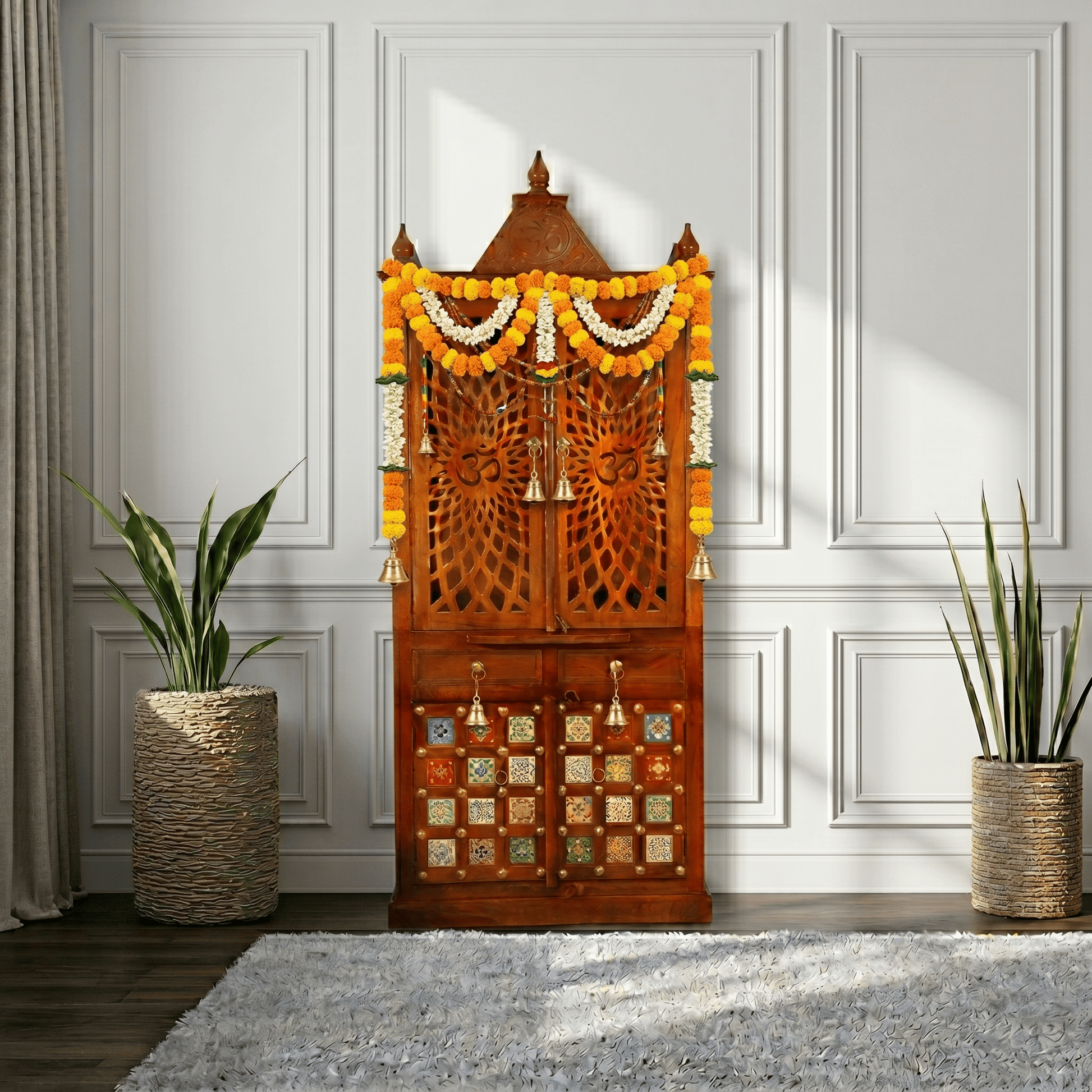 Royal wooden pooja shelf cabinet with om design & drawers