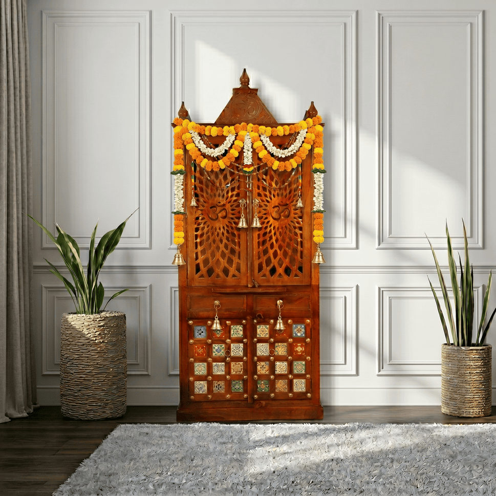 Royal wooden pooja shelf cabinet with om design & drawers