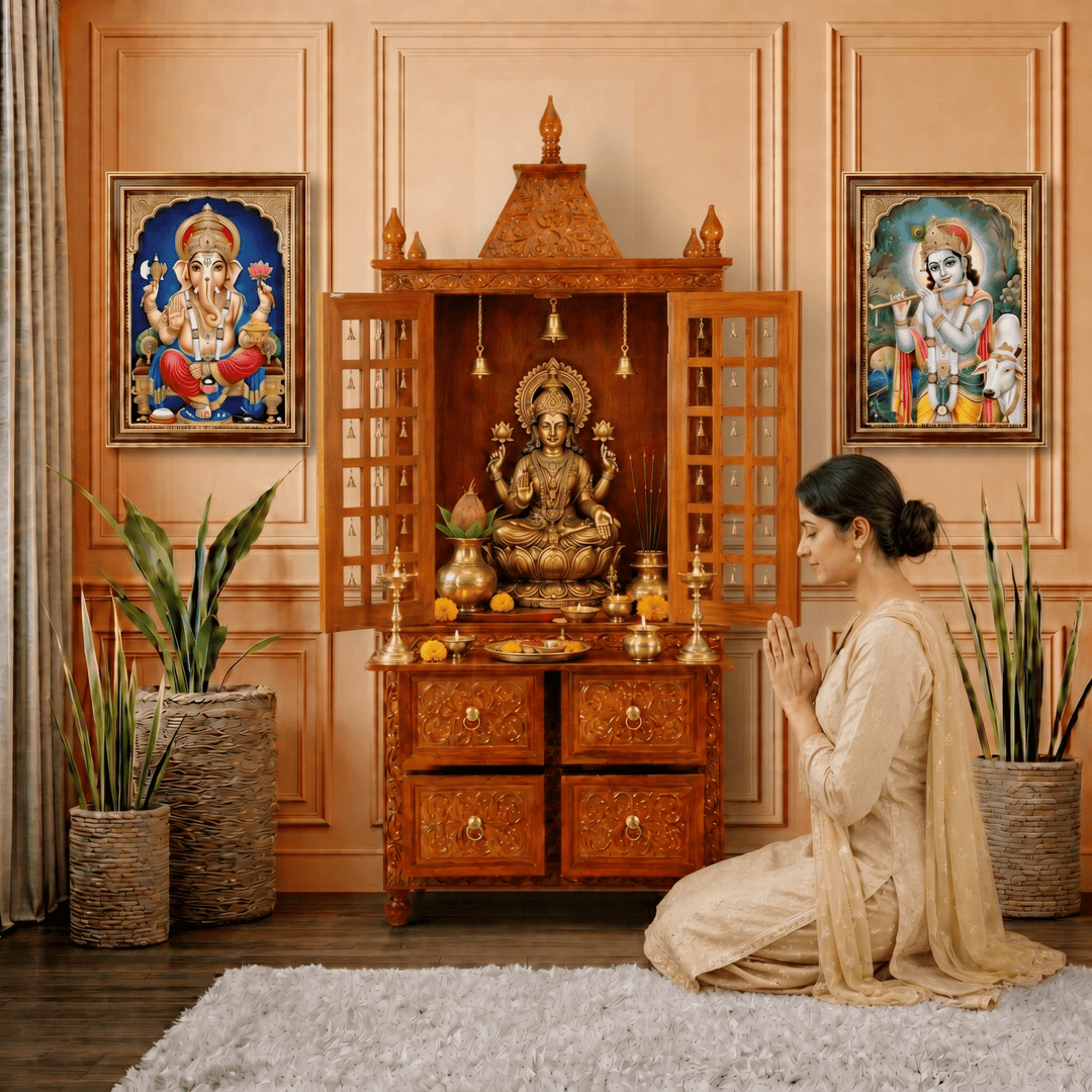 Premium Solid Solid Wood Home Temple Cabinet with Hand-Carved Jali Work doors