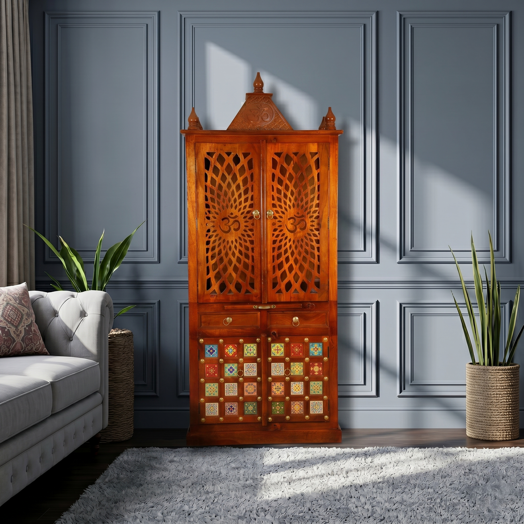 Royal wooden pooja shelf cabinet with om design & drawers