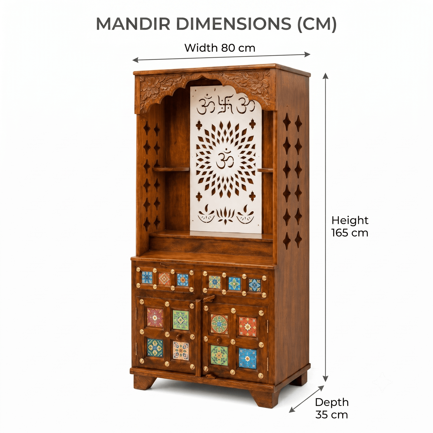 solid wood dev mandir with handcrafted floral tile doors, luxury home pooja cabinet with om laser-cut back panel, premium wooden prayer shrine with ceramic tile decoration, 