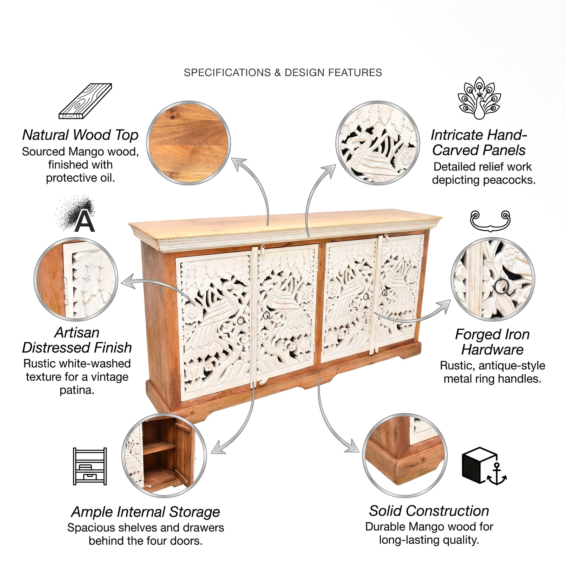 Hand carved solid wood sideboard cabinet storage for home