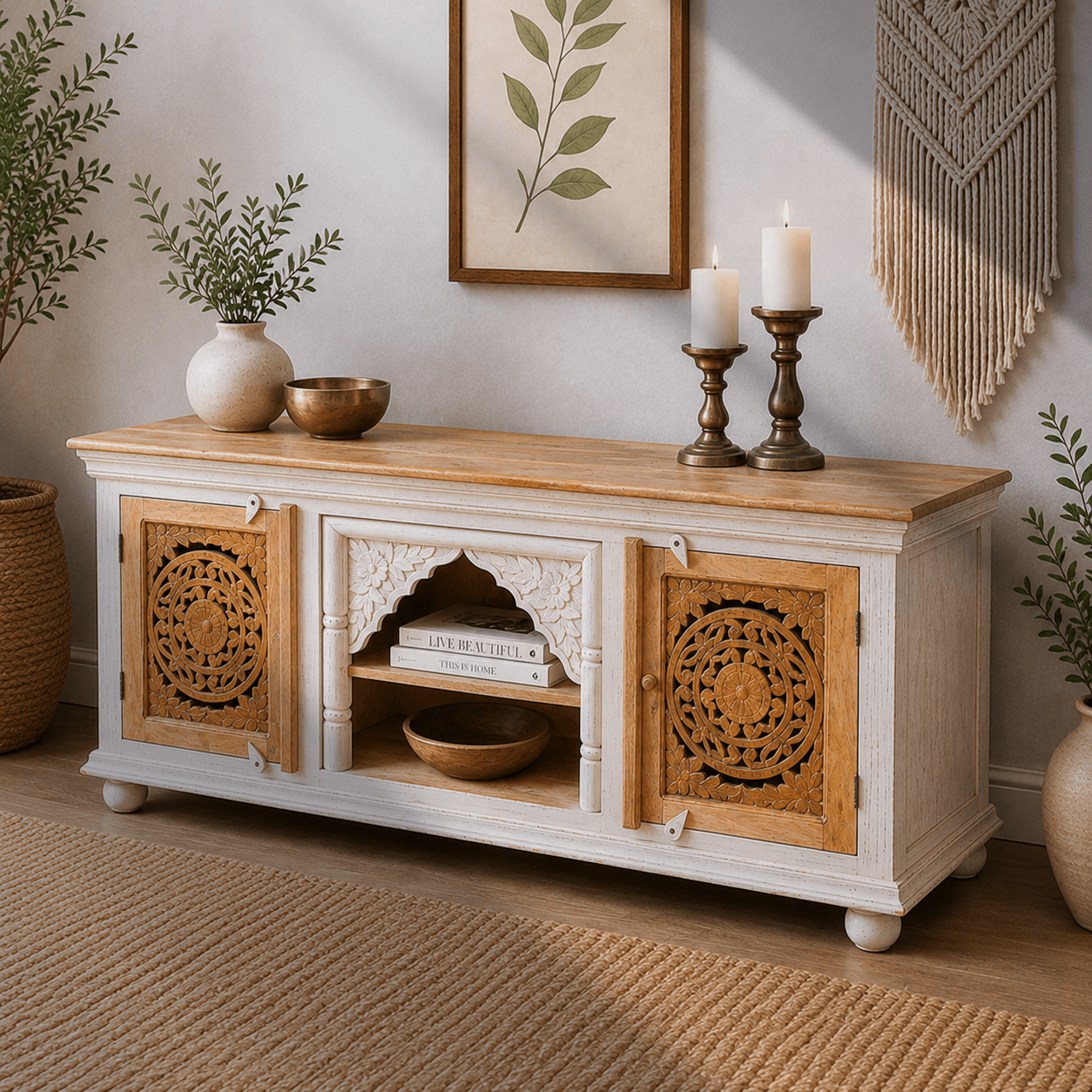 farmhouse Mango Wood TV Unit with Open Shelf Storage, artisan Hand-Carved Entertainment Cabinet in Rustic white brawn, rustic Chic Mango Wood TV Console Table, decorative Mango Wood Media Unit with Distressed Finish, handmade Rustic TV Cabinet with Carved Wooden Panels,