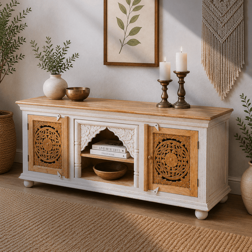 The Bohemia Hand Carved Mango Wood TV Unit | Rustic Blue UAE | Dubai