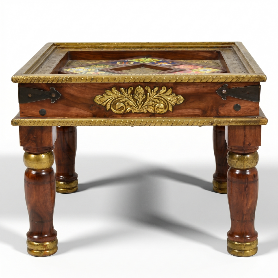 Solid Wood Sheesham Side Table with Brass Work | Luxury Sheesham Table UAE