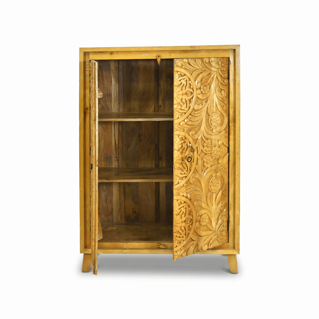 Elegant Hand Carved Mango Wood Accent Cabinet with natural wood finish
