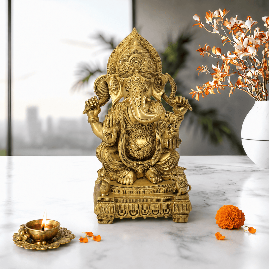 Brass Home Temple Decoration Ganesha Goddess 44 Cm With Hand Engraved