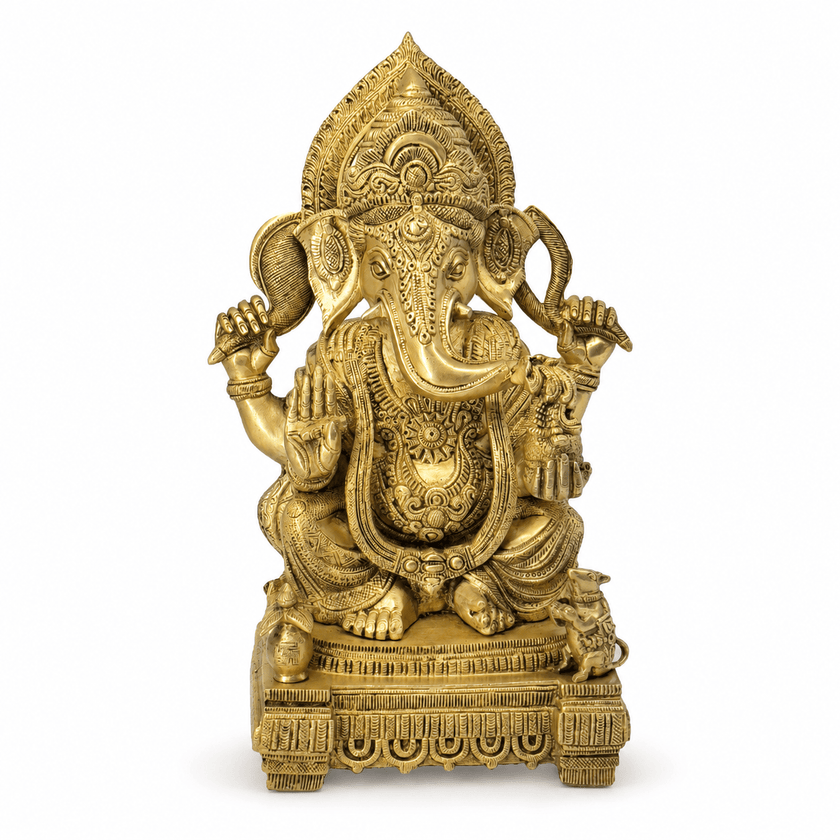  seated Gajanana brass idol UAE, sitting Gajanan Ganpati murti Muscat, seated Lambodara Ganesha statue Oman, royal sitting Vakratunda Ganpat Abu Dhabii, traditional seated Ganadhyaksha idol Qatar, 