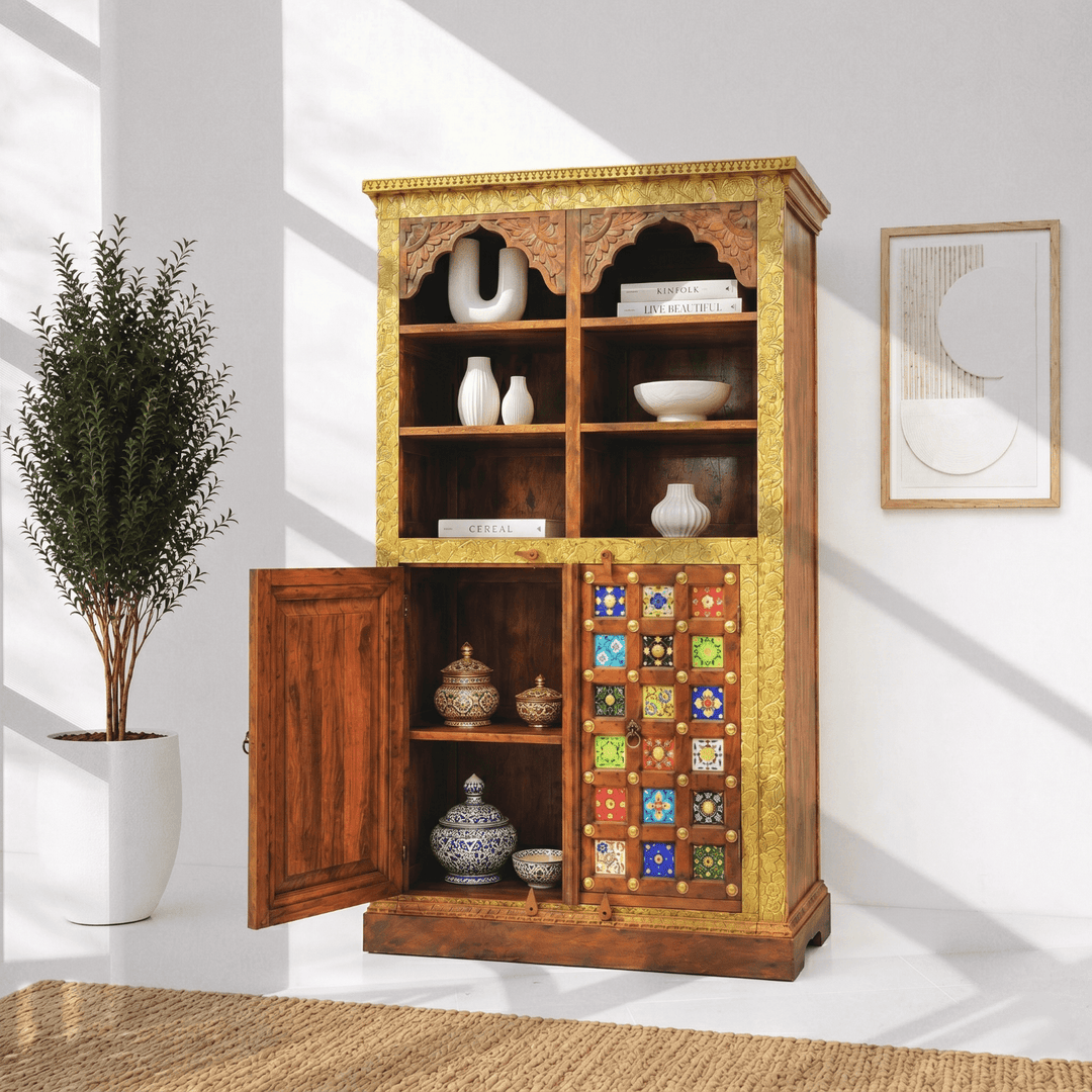 Solid wood ceramics tile fitted bookshelf with natural wood finish