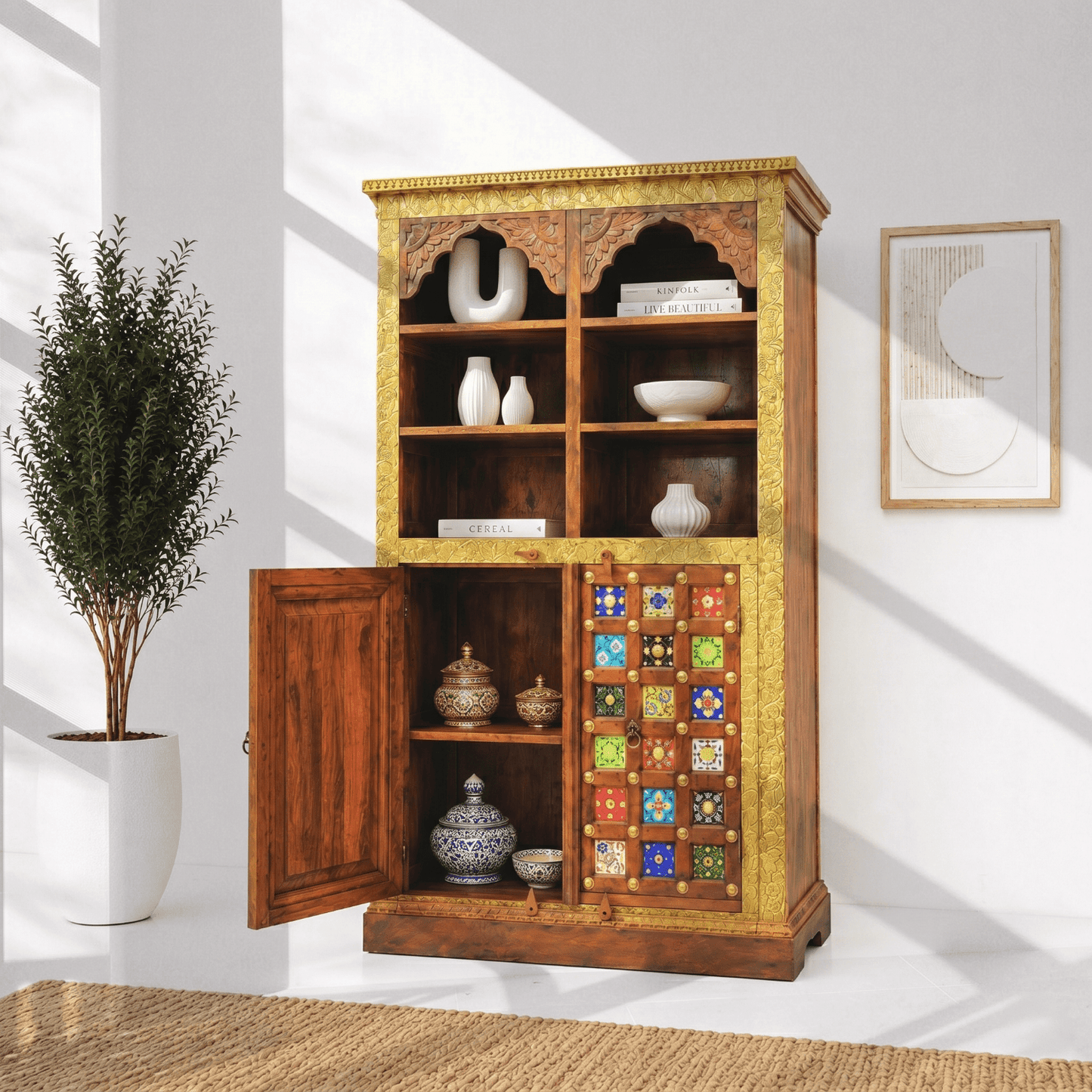 Solid wood brass fitted bookshelf,Handicrafted wooden bookcase,Hand made bookcase hardwood Ajman,Book display unit for UAE homes,Luxury premium wood wood shelf price,