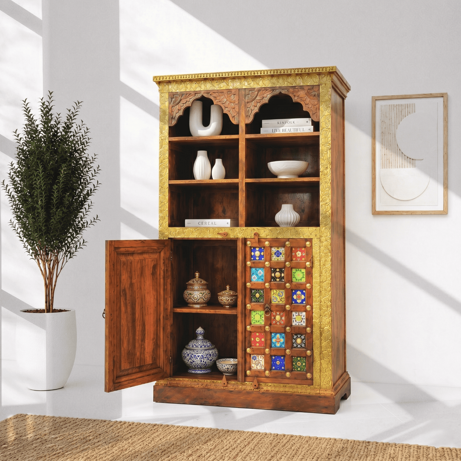Solid wood ceramics tile fitted bookshelf with natural wood finish