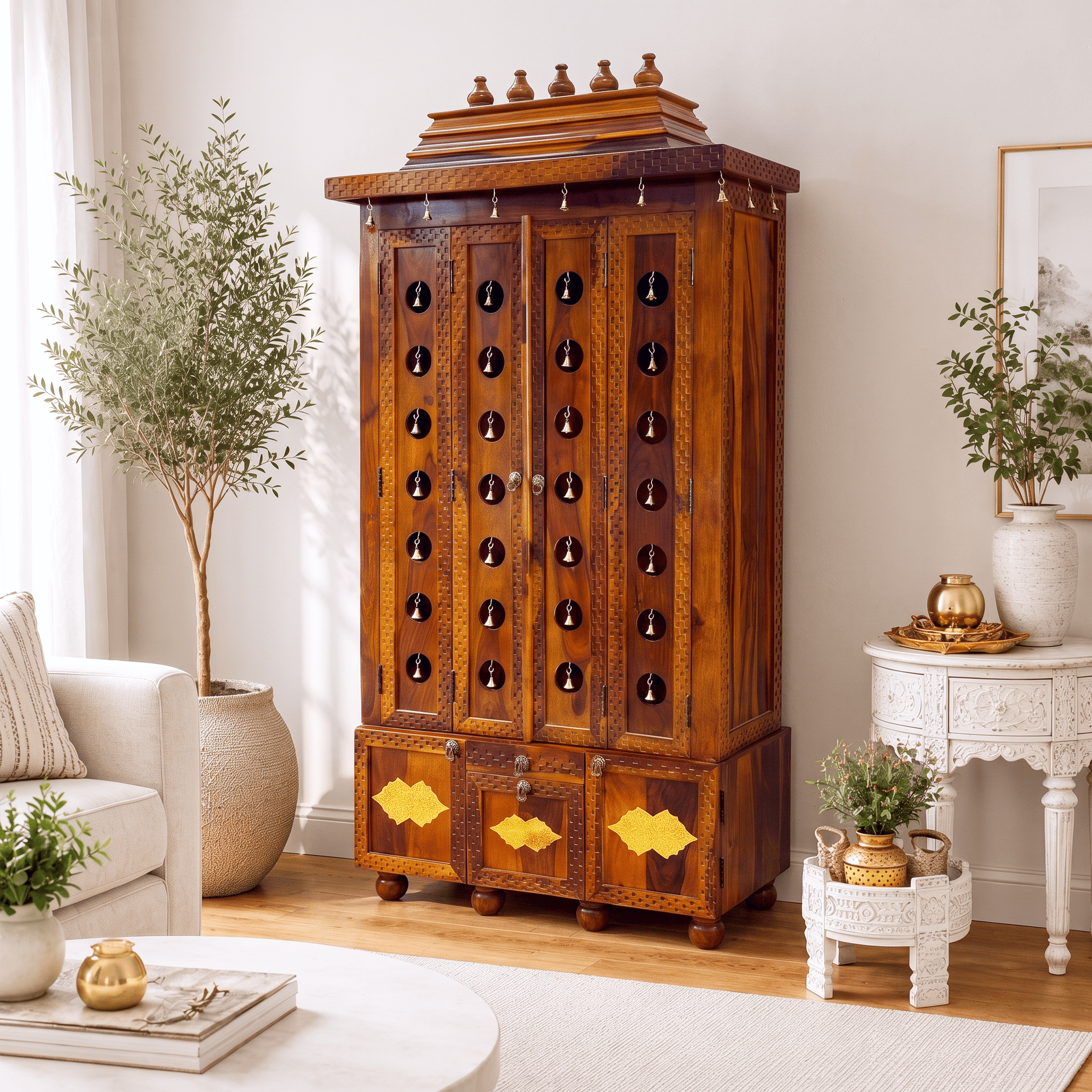 Handicrafted Shisham Wood Home Temple With Three Storage Drawers