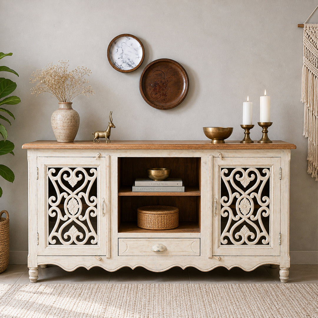 The Ivory Crest Entertainment Unit | White Rustic TV Cabinet UAE