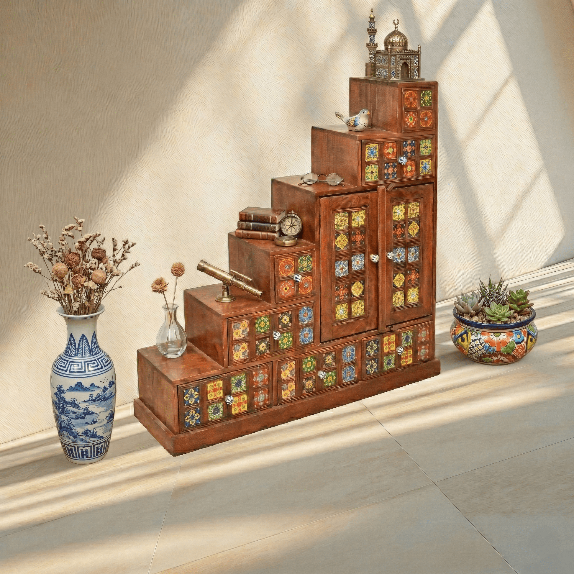 Boho-multi-drawer-apothecary-cabinet-chest-with-multi-color solid sheesham wood