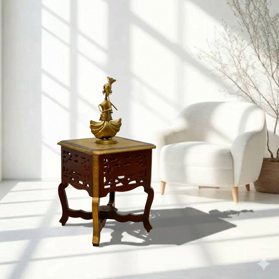 Solid Wood Antique Style Side Table with Brass Work | Dubai UAE