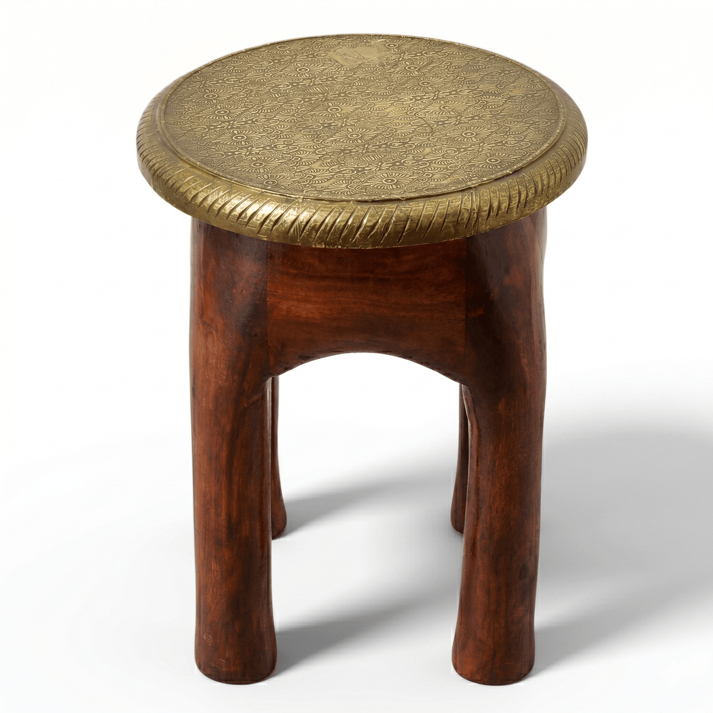 Brass fitted wooden stool Dubai, solid wood brass stool UAE, handcrafted wooden stool Dubai UAE, brass decorative wooden stool Oman UAE,