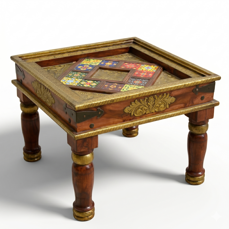 Solid Wood Sheesham Side Table with Brass Work | Luxury Sheesham Table UAE