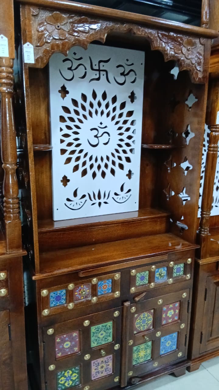 Indian Handmade Wooden Mandir with Om Decorative Panel