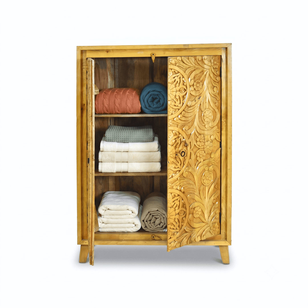 Elegant Hand Carved Mango Wood Accent Cabinet with natural wood finish