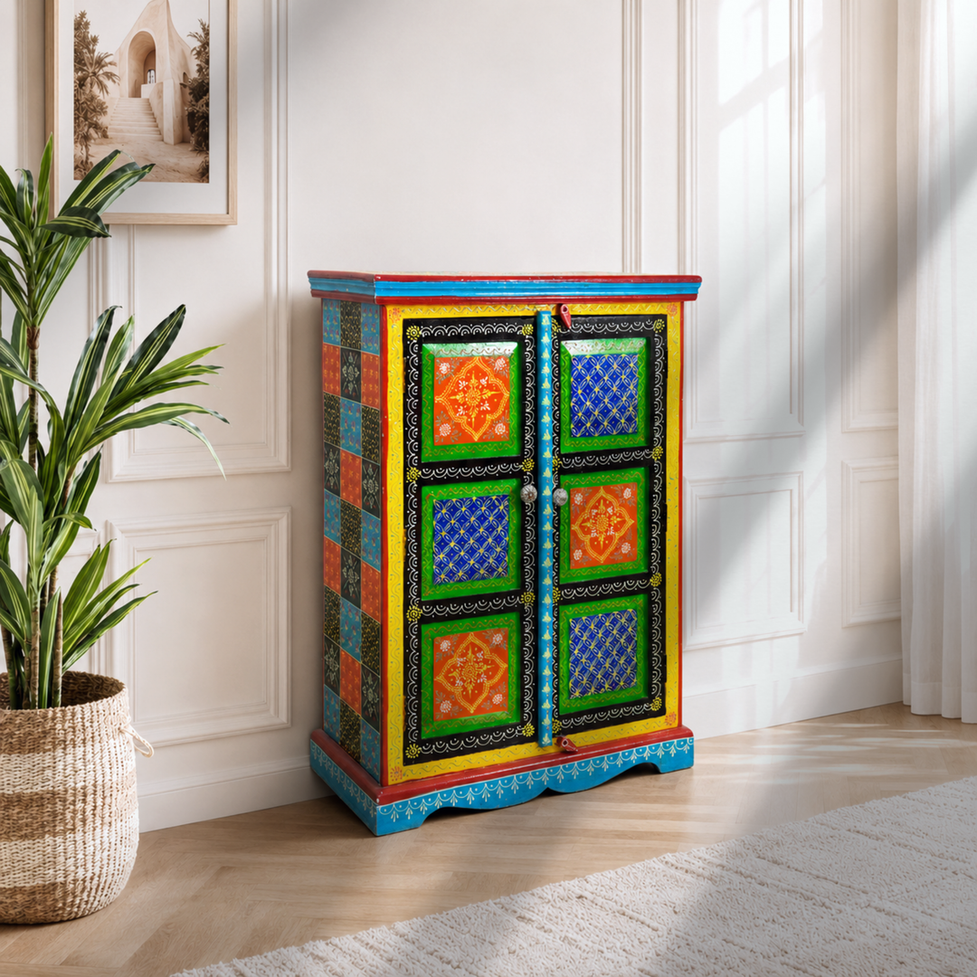 Bohemian Hand Painted Solid Wood Organizer Cabinet