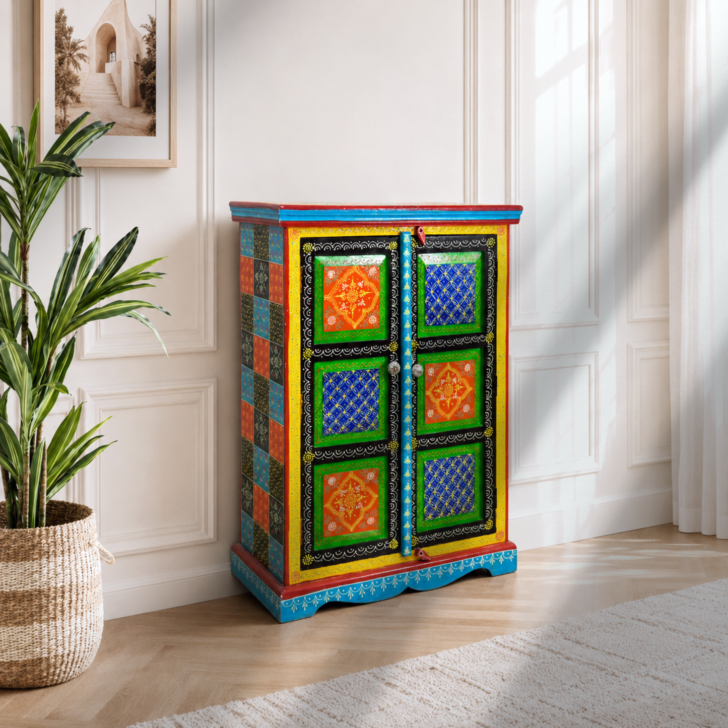 hand painted solid wood cabinet, hand painted mango wood cabinet, bohemian hand painted cabinet, handmade painted storage cabinet, solid mango wood organizer cabinet, folk art solid wood storage cupboard,
