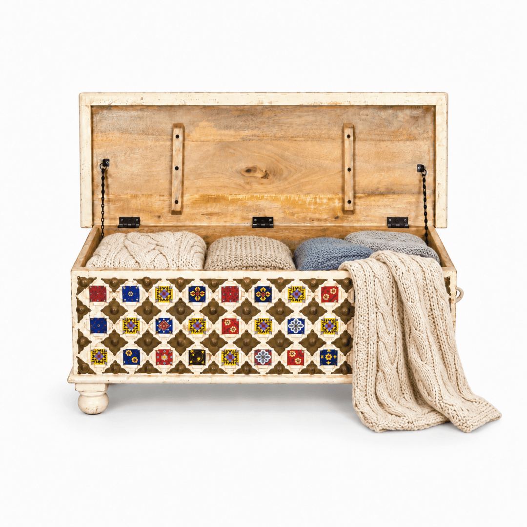 heritage mango wood trunk with handmade tile inlay and brass details