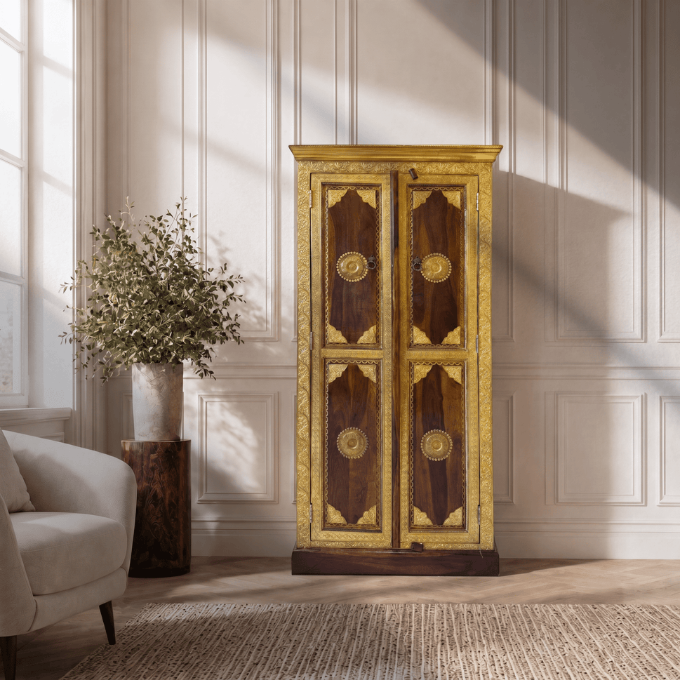 Signature Rose Wood Brass Inlay Accent Storage Cupboard Cabinet