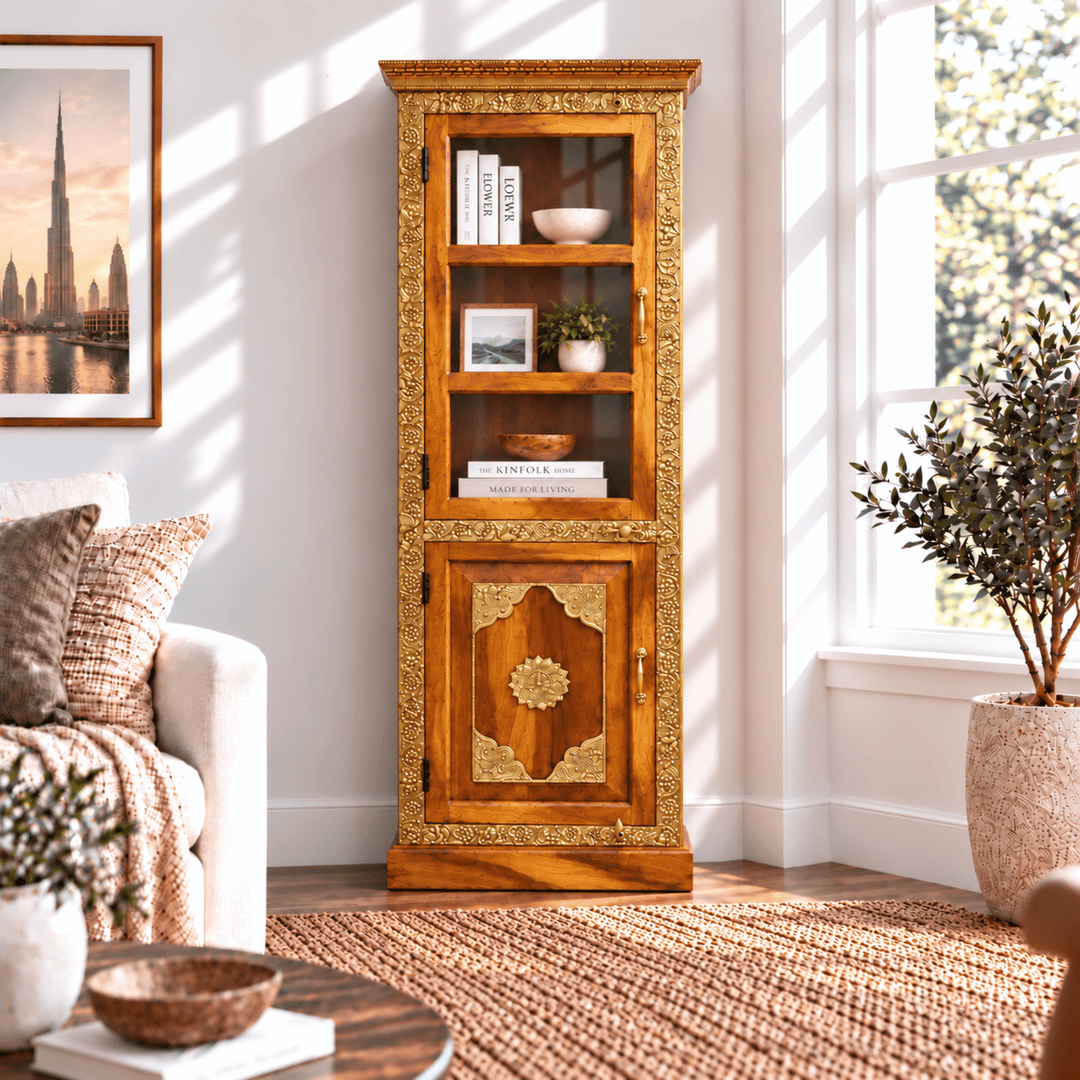 Handcrafted Teak wood Cabinet With Glass Brass
