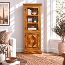 Switch teak wood vitrine cabinet, teak wood china cabinet, teak wood tower cabinet, tall narrow teak cabinet, slim teak wood cabinet, freestanding teak storage unit,  1 image