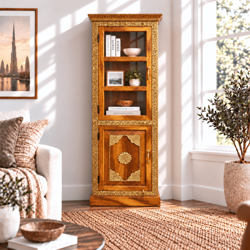 Handcrafted Teak wood Cabinet With Glass Brass
