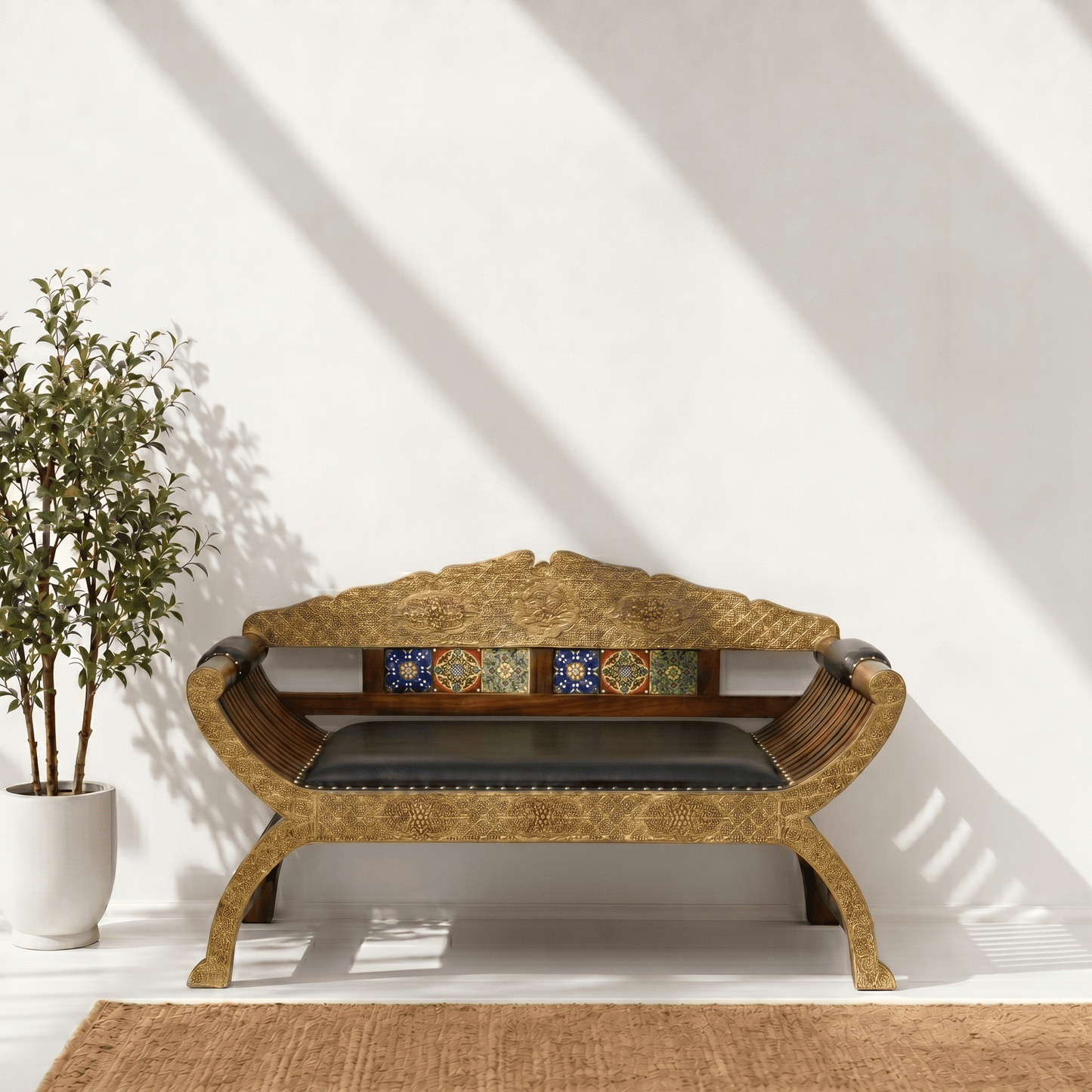 UAE sheesham wood handcrafted furniture, UAE ethnic wooden bench handmade, tile inlay wooden bench Sharjah UAE, tile inlay entry bench solid wood UAE, thai style wooden bench Abu Dhabi, 